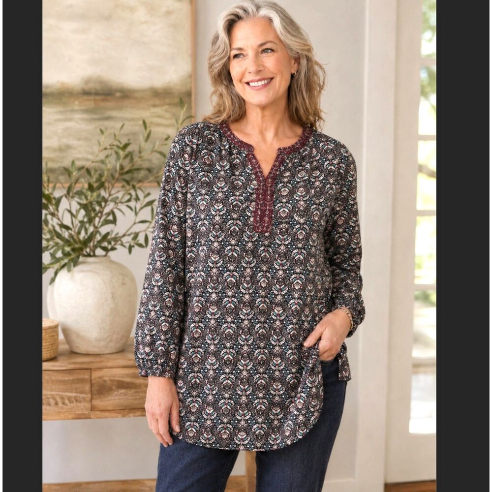 Pure Jill Embroidered Knit Tunic XL Petite Floral Printed Top Cotton Long Sleeve